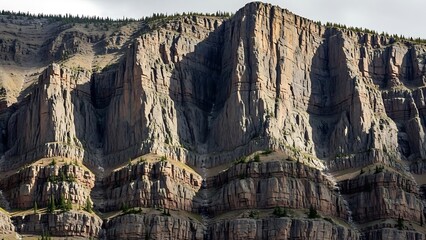 Massive rugged mountain cliff face with visible geological rock layers and sparse vegetation under a bright sky.