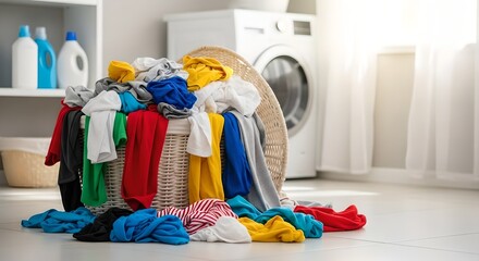 Colorful dirty clothes piled beside open basket in bright laundry room.