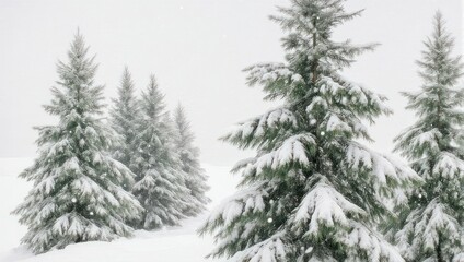 Obraz premium Snowy evergreen trees in a field, snowflakes falling against a cloudy white sky