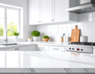 Tilted-angle countertop shot with calm kitchen blur white