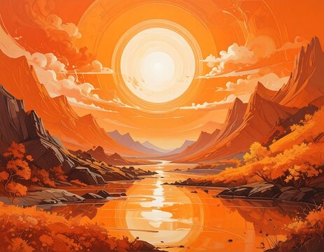 A vibrant orange landscape featuring a radiant sun, mountains, a river, and stylized clouds reflects in the water