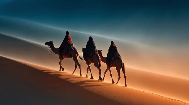 Three Wise Men Silhouette Camel Caravan Desert Journey at Dusk