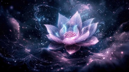 A luminous lotus flower floats in a cosmic space filled with stars and nebulas, creating a serene and ethereal atmosphere.