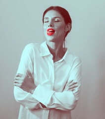 Beauty young woman portrait. Beautiful model girl with beauty makeup, red lips, perfect fresh skin.