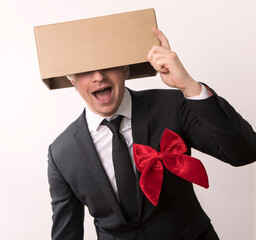 businessman holding a gift. Gift man sale celebrate birthday male guy christmas present box valentine surprise holiday