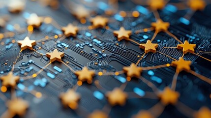 A close-up view of a dark circuit board with glowing blue and orange lights, overlaid with a network of golden stars connected by thin lines. The background is
