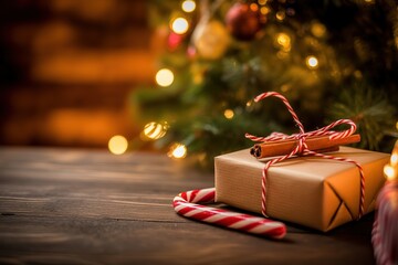 Cozy Christmas Gift Box with Red and White Candy Cane on Rustic Wooden Floor, Festive Background with Blurred Lights and Holiday Decorations, Perfect for Seasonal Greeting Cards and Invitations