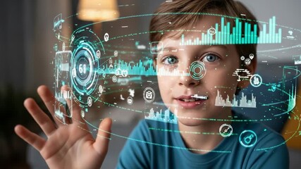 Young boy interacts with futuristic holographic interface displaying charts and data, envisioning future innovation - Powered by Adobe