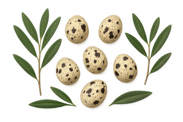 Quail eggs and green leaves on transparent background