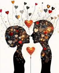 Romantic Silhouette with Heart Patterns and Sparkling Stars