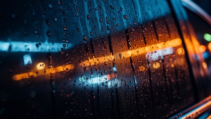 Rainy night reflections on a car window showcasing colorful city lights and raindrops