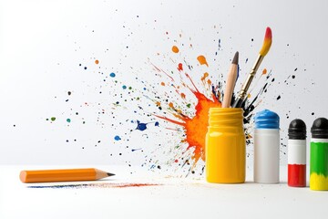 Colorful Artistic Supplies on a White Background with Paint Splashes