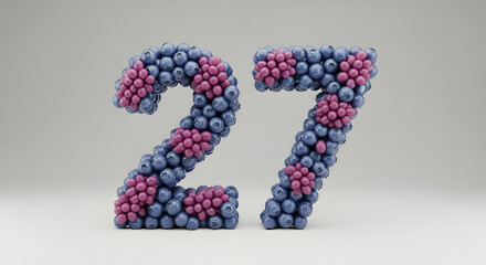 Number twenty-seven crafted from fresh, colorful berries on a clean white background