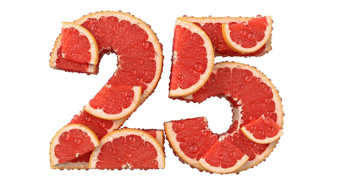 Twenty-Five" Number Formed by Fresh Grapefruit Slices on White Background