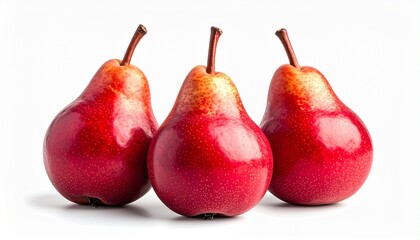 Three vibrant red pears with a subtle gradient of yellow and green, arranged neatly against a clean white background, highlighting their smooth texture and fresh appearance.