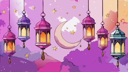 Watercolor lanterns and moon with star decoration