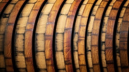 Close-up abstract view of the curved wooden staves of several barrels, showing natural wood grain and dark charring.