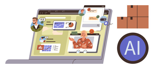 Laptop screen displaying AI-driven collaboration features, data charts, chat windows, and logistics boxes. Ideal for artificial intelligence, workflow, communication, analytics, logistics