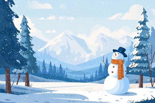 snowman in a winter landscape with falling snow, in a cartoon style, simple design, on a white background with a blue color scheme, pine trees and mountains in the distance Generative AI