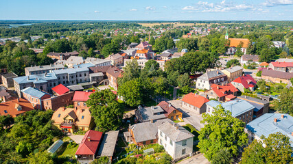 Aerial photo from drone to Limbazi town (Limbaži) on a sunny summer day. Limbazi, Latvia (Series)