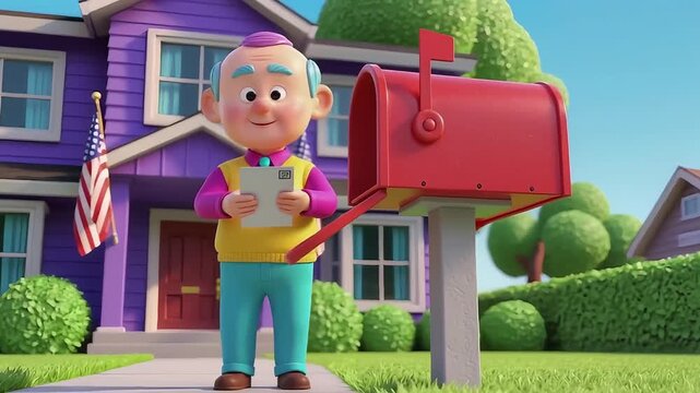 Elderly cartoon man joyfully checking his mail in front of a charming purple house with an American flag, embracing the simple pleasures of daily life and community connections