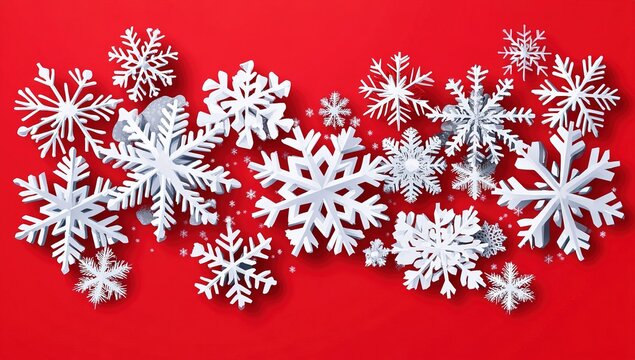 Red background with white snowflakes, vector illustration, Christmas card design, vector graphics, high-resolution, professional photography, studio lighting, best quality.