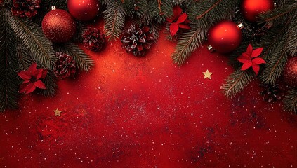 Red Christmas background with snowflakes and stars, red ornaments on the sides, red color scheme, red color palette, red background, Christmas decorations, red festive atmosphere, red color design