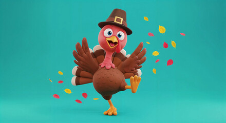 A joyful 3d cartoon turkey character in a pilgrim hat, celebrating thanksgiving with colorful autumn leaves