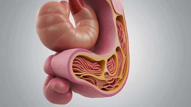 Anatomical 3D animation depicting a cross-section of the human gastrointestinal tract, highlighting the stomach and small intestine's internal folds and structure.