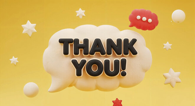 A cheerful 3d render of a thank you message in a soft speech bubble surrounded by decorative elements