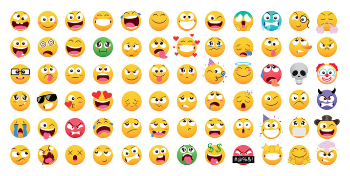 Big collection of cute emoji faces showing different emotions such as happy, sad, angry, funny, surprised, and love. Colorful cartoon emoticons for chat, stickers, and social media reactions.