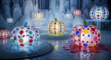 Glowing art installation featuring polkadotted pumpkinshaped lanterns in a fantastical frozen landscape