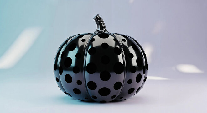 A unique black pumpkin with glossy finish and black polka dots, perfect for modern halloween decorations and autumn themes