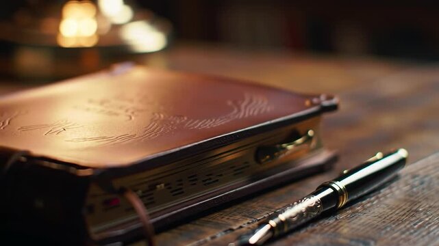 Ornate leather bound journal and writing instrument resting on wooden surface