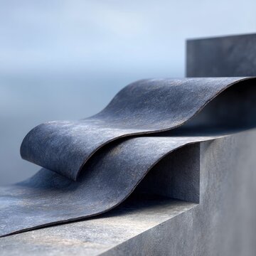Abstract composition of wavy slate material draped over concrete steps, set against a soft blue sky background. Minimalist, modern, and serene.