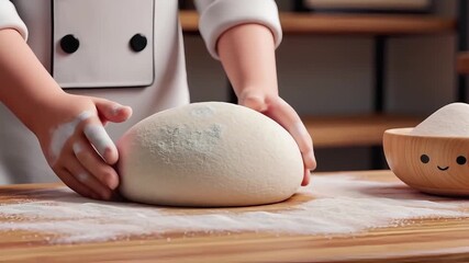 Tiny Chef's Hands Expertly Kneading Fresh Dough on a Rustic Wooden Table, Preparing Delicious Homemade Bread with Joyful Anticipation and a Whimsical Flour Bowl Nearby