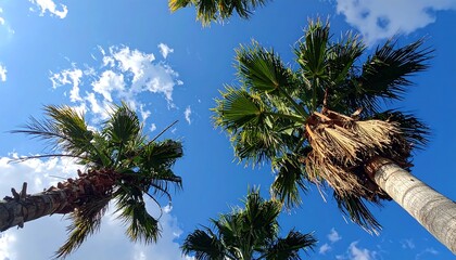 Looking upwards at palm trees against a brilliant, cloud-speckled, azure sky. Lush green fronds offer shade