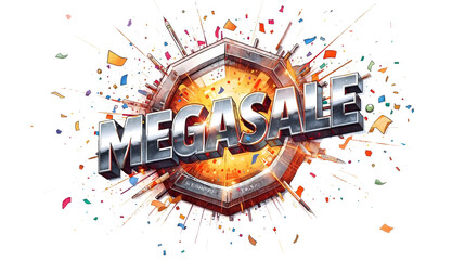 Mega sale text with confetti and explosion background in a promotional image for a retail event on transparent background