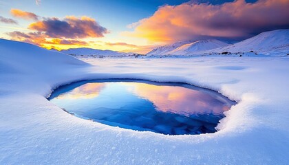A serene winter landscape featuring a pool of clear blue water surrounded by snow. Snow-covered mountains are visible in the background under a vibrant sunset s