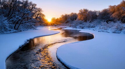 A winding river flows through a snow-covered landscape with trees laden with frost. The sun rises, casting a warm golden glow on the scene and reflecting on the