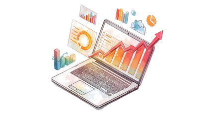 Laptop displaying data charts with an upward trending arrow in a watercolor style illustration on transparent background