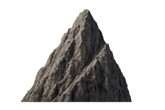 Rocky mountain peak isolated on transparent background, featuring rugged texture and jagged stone