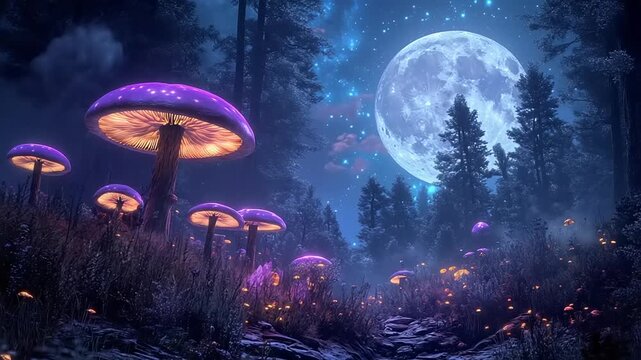 Enchanted nocturnal forest scene under a luminous full moon, featuring glowing purple fantasy mushrooms and magical sparkling lights, creating a serene and mystical atmosphere