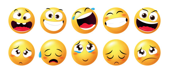 Colorful 3D emoticons displaying a range of facial expressions &ndash; happy, sad, laughing, crying. Perfect for mood, chat, and communication concepts.