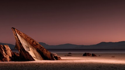 Coastal Elegance: A solitary shipwreck lies stranded on a serene beach, its weathered wooden frame silhouetted against a dramatic dusky sky.