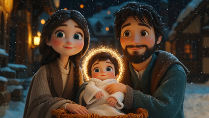 A cute modern 3D animated illustration of the Holy Family. Mary and Joseph with the baby Jesus in a snowy winter village. The Christmas Nativity scene