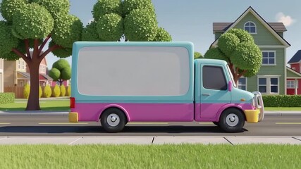 Pastel-colored cartoon delivery truck with a blank white customizable side panel, perfect for advertising, branding, or transportation services in a sunny suburban environment