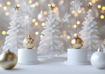 White Christmas tree background with white pedestals decorated with snowflakes and gold ornaments, Christmas lights, and bokeh. New Year's decoration for product presentation, 3D rendering