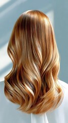 Naklejka premium A close-up view from behind of a woman's long, wavy hair with golden blonde and lighter blonde highlights. The hair is styled with soft curls and illuminated by