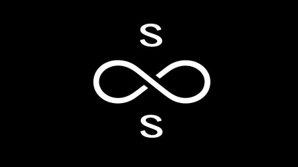 White infinity symbol with two letter S characters on a black background, representing eternity, endlessness, and continuous flow. Simple graphic.